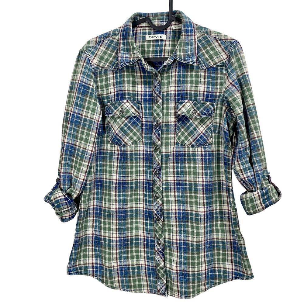 Orvis Women’s Plaid Button-Up Shirt Roll-Tab Sleeves Multicolor Camp Size Small